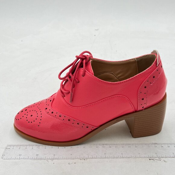 FOWT Pink Women's Perforated Lace-Up Oxfords Almond Toe Mid Chunky Heel Shoes - Picture 2 of 8
